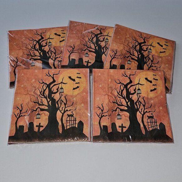 NEW 5 Packages Full Moon Halloween Napkins Lot Graveyard Tree Stars Bats Orange - Picture 1 of 6